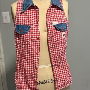 GUESS Jeans Sleeveless Gingham Denim Collared Button-Up Blouse Red Blue White S